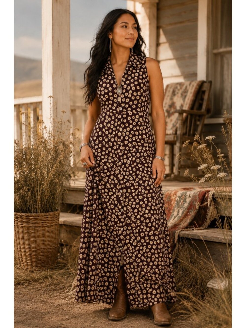 Luca Vintage Floral Maxi Dress Brown Daisy Print Sleeveless Button Front Cottage
